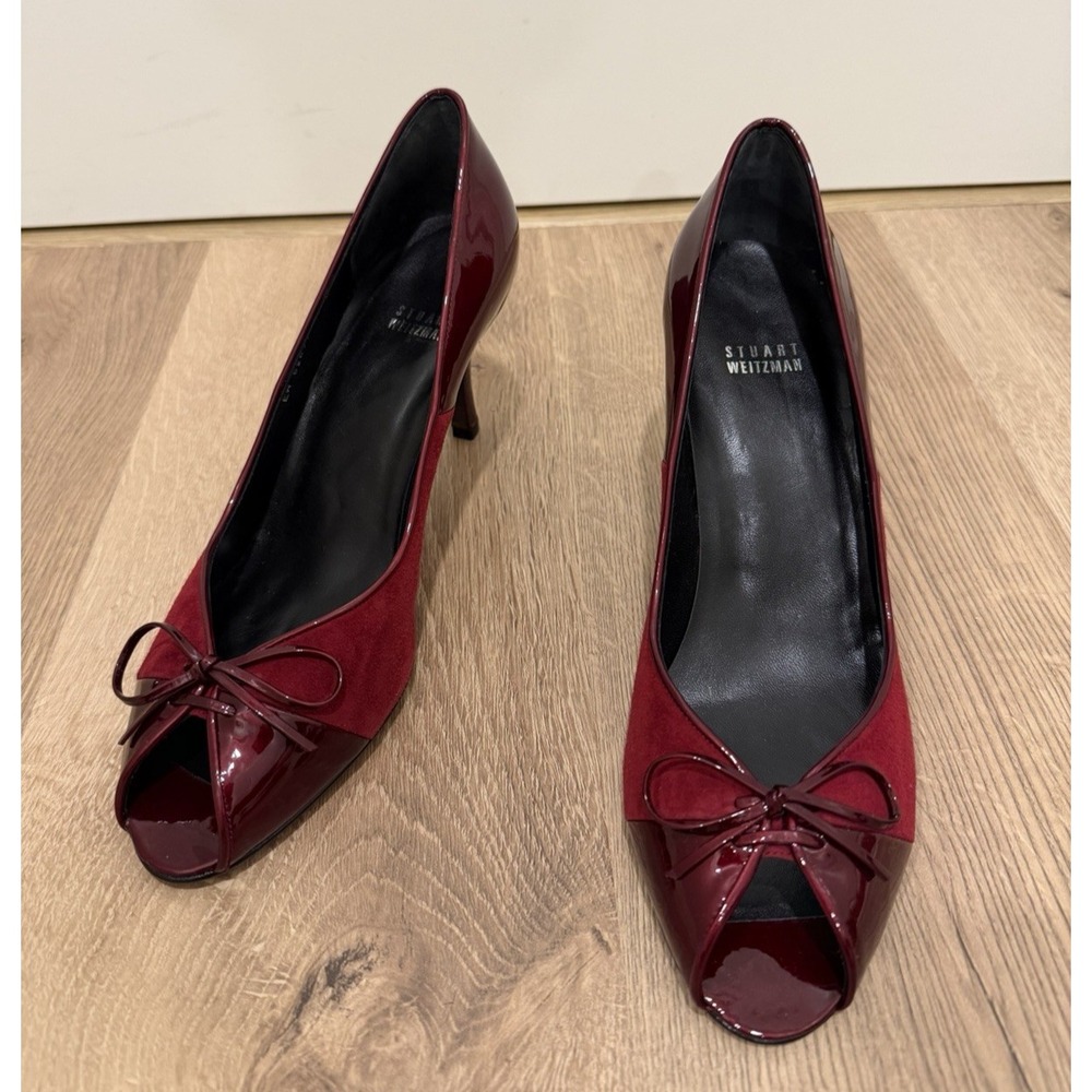 New Stuart Weitzman Red Patent Leather & Suede Peep-Toe Heels 10.5 Made in Spain